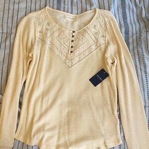 Lucky Brand Cream Long Sleeve Top with Embroidery